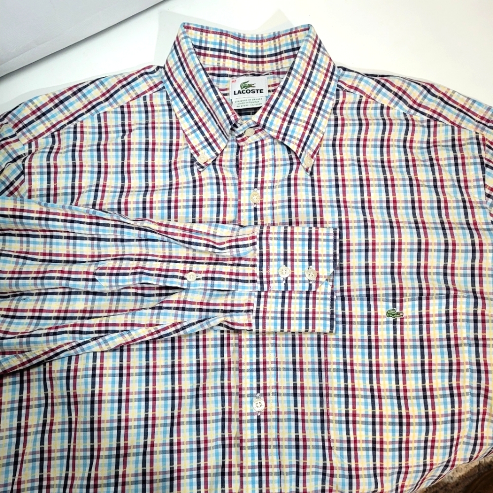 LACOSTE Mens Plaid Long Sleeve Dress Shirt Size 42/Large